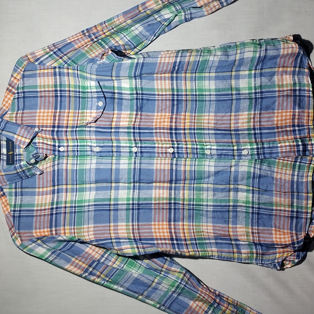 Polo Ralph Lauren 100% Linen Plaid‎ Long Sleeve Button-down Mens Shirt Size Med - Picture 2 of 7